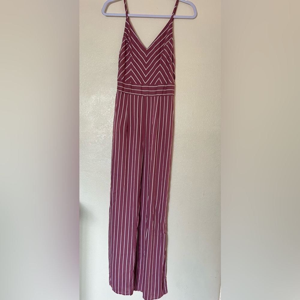 Striped V-Neck Jumpsuit in Burgundy and White